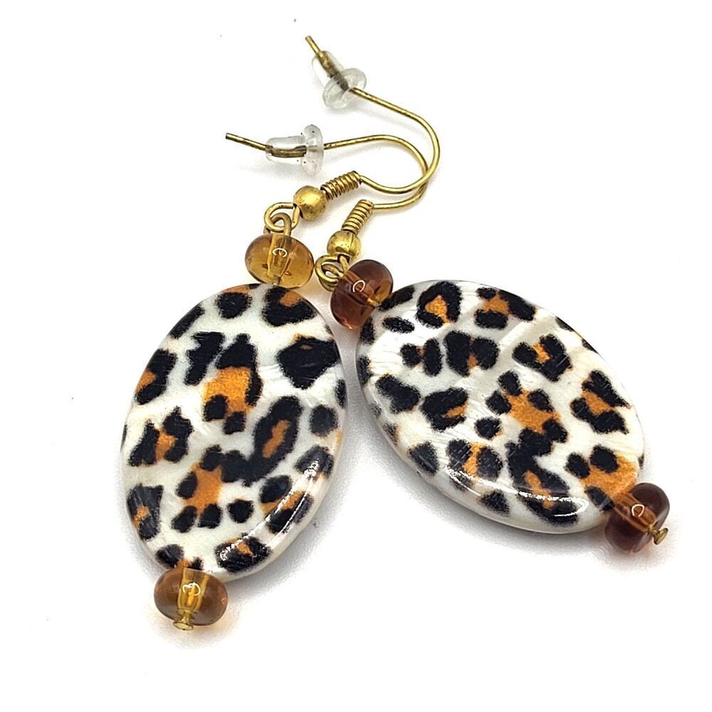 Estate Leopard Print Mother of Pearl Earrings 2.5in